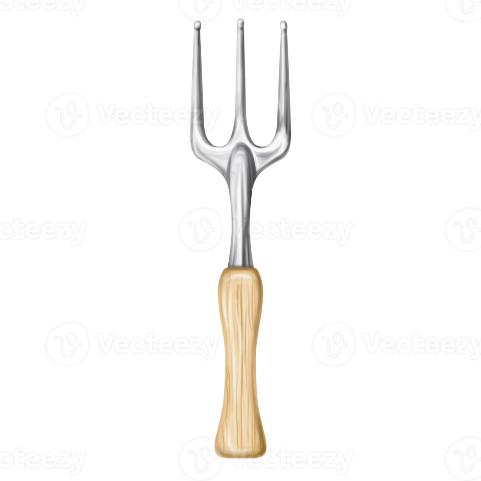 Metal rake with wooden handle. A garden tool of a florist and an agronomist for cultivating the land. Equipment for the care of the farm, garden, plants and flowers. Digital isolated illustration png