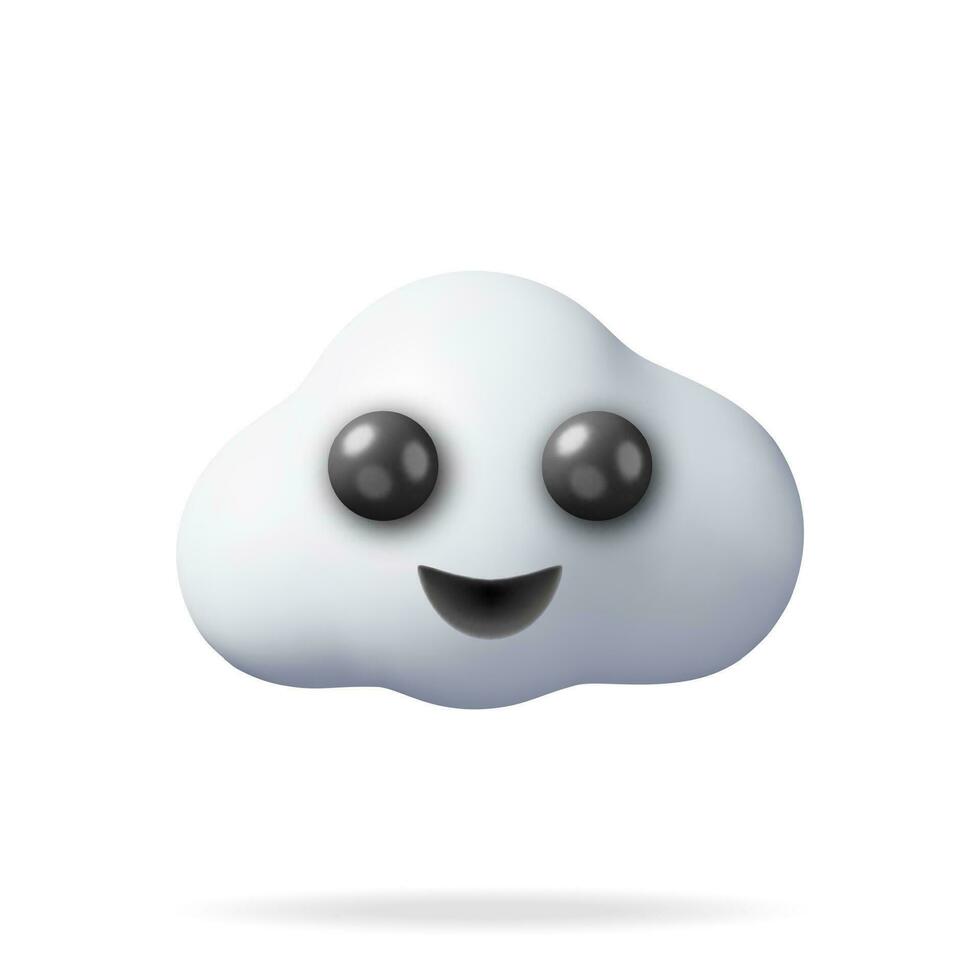 3D White Cloud Emoji Isolated on White. Cartoon Fluffy Cloud with Face Icon. Render Bubble Cute Circle Shaped Smoke or Cumulus Fog Symbol. Vector Illustration