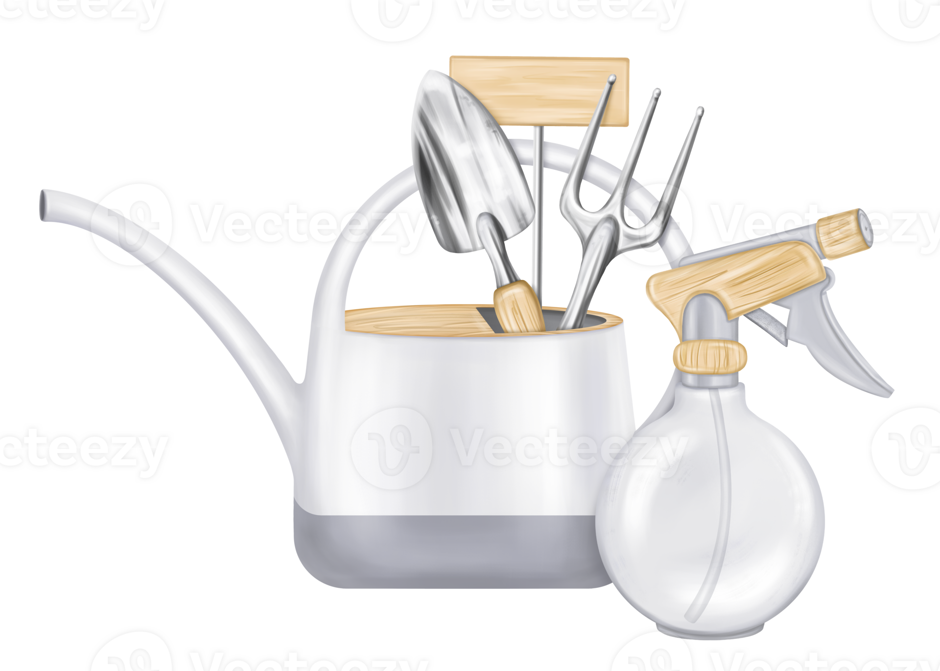 A composition of working tools, watering can, rake, shovel, spray gun