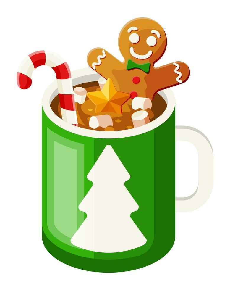 café jarra con pan de jengibre hombre, Malvaviscos y caramelo caña. Navidad caliente bebida con postres caliente chocolate, cacao. nuevo año, alegre Navidad fiesta Navidad celebracion. plano vector ilustración