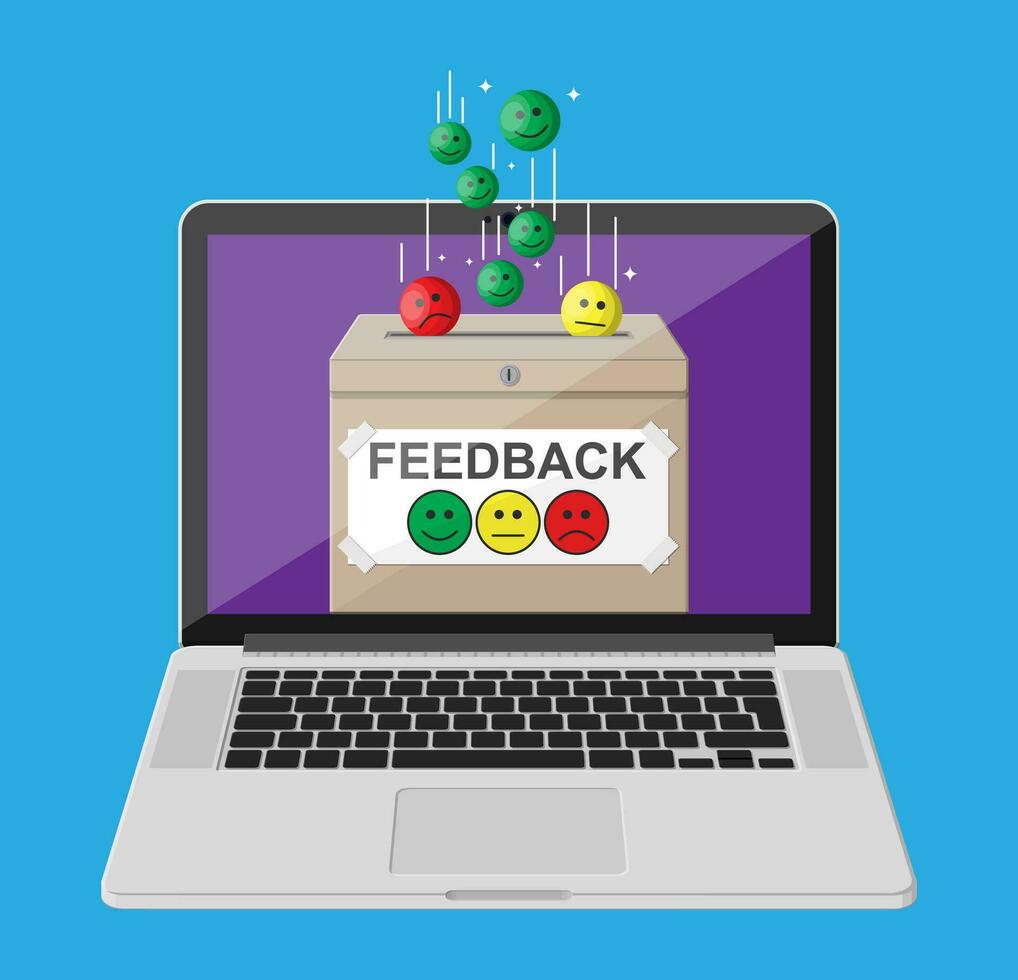 Rating box on laptop screen. Online reviews smiles faces. Testimonials, rating, feedback, survey, quality and review. Vector illustration in flat style