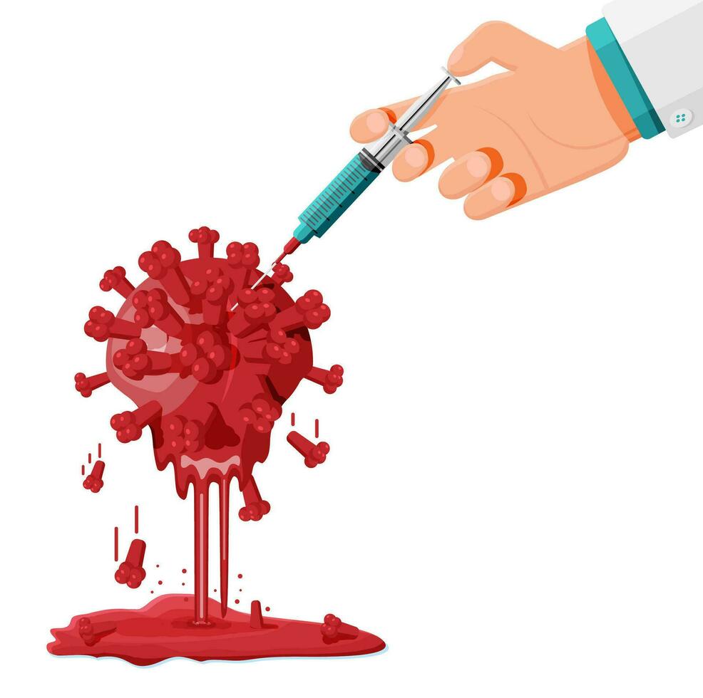 Coronavirus cell with melting effect after vaccination. Time to vaccinate, concept. Medical syringe injection vaccination. Corona virus, cell models, Health care. Flat vector illustration