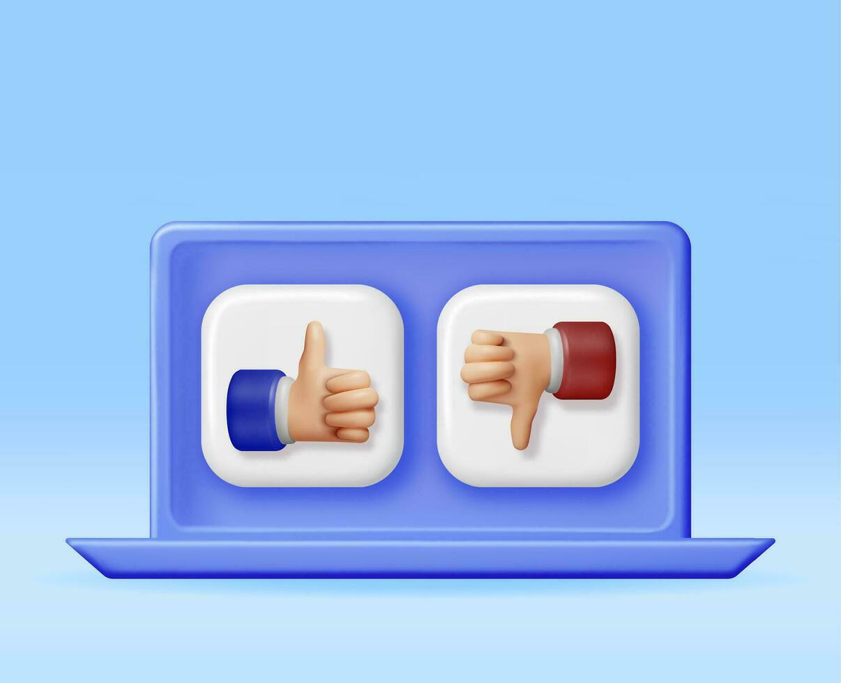 3D Thumbs Up and Thumbs Down Hands Gestures in Laptop Isolated. Render Like and Dislike Hand Symbols on Screen. Customer Rating or Vote Icons. Cartoon Fingers Gestures. Vector Illustration