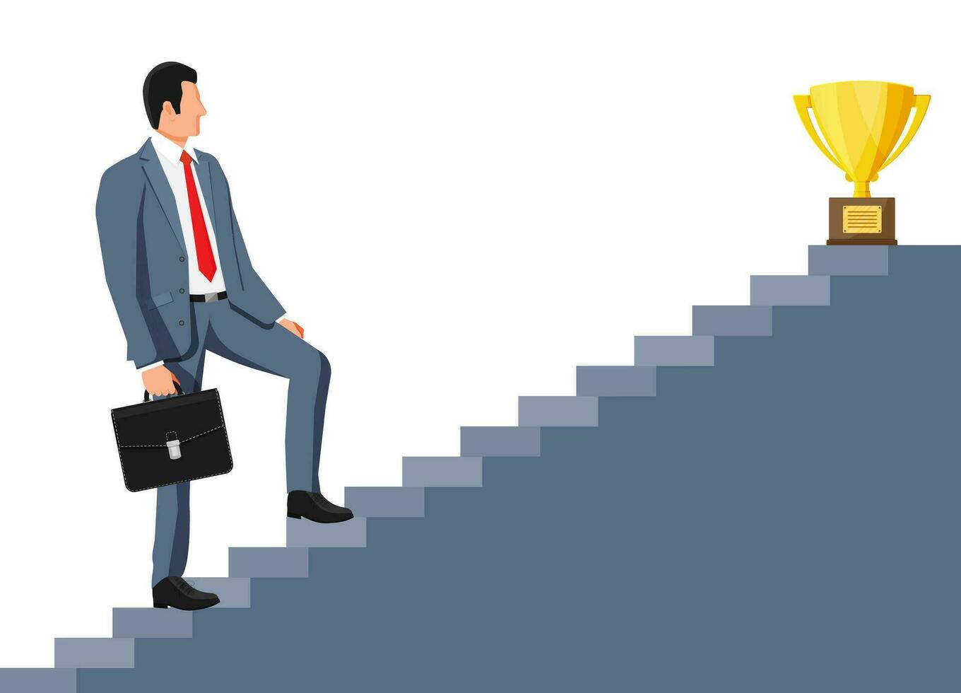 Businessman and gold trophy on ladder of success. Award, victory, goal, champion achievement. Business success, triumph, goal. Growth in career. Winning of competition. Vector illustration flat style