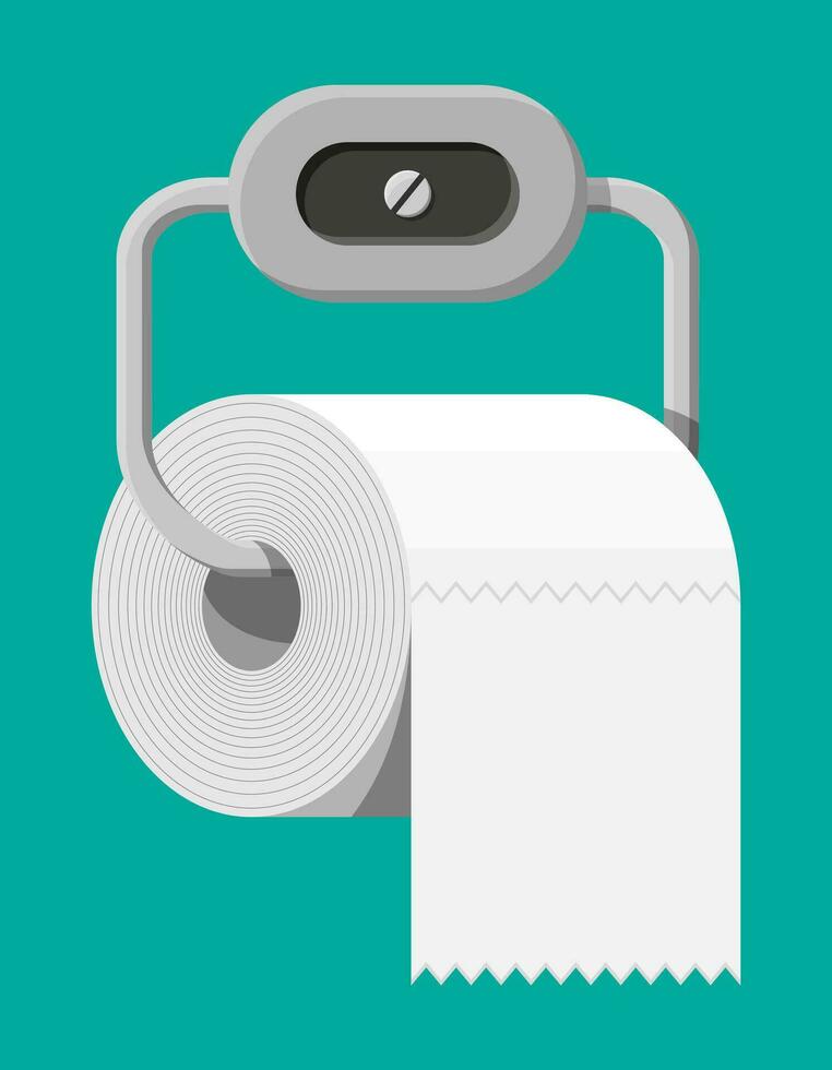 White roll of toilet paper on holder. Hank of paper for toilet. Vector illustration in flat style