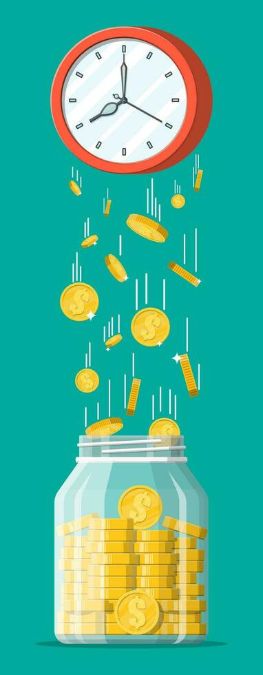 Glass money jar, gold coins falling from clocks. Saving dollar coin in moneybox. Growth, income, savings, investment. Banking, time is money. Wealth, business success. Flat vector illustration