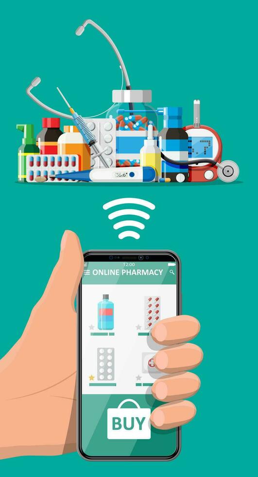 Hand holding mobile phone with internet pharmacy shopping app. Set of pills drugs. Medical assistance, help, support online. Health care application on smartphone. Vector illustration in flat style