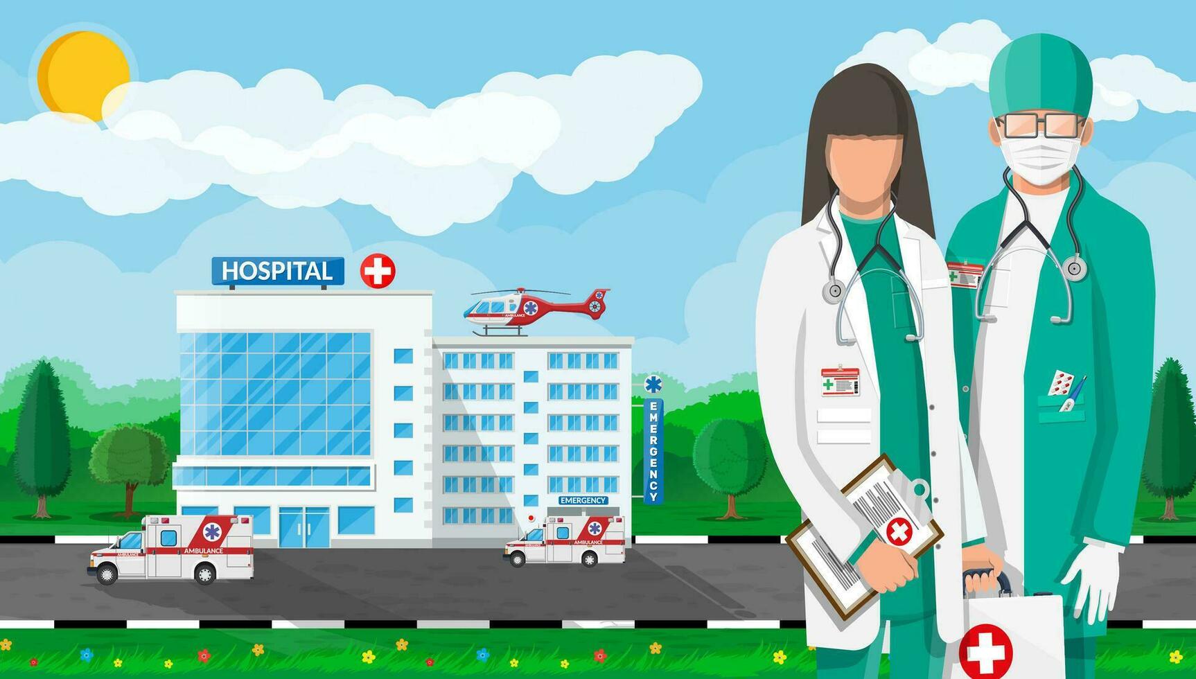 Ambulance staff concept. Hospital building, medical icon. Healthcare, hospital and medical diagnostics. Urgency and emergency services. Road, sky, tree. Car and helicopter. Flat vector illustration