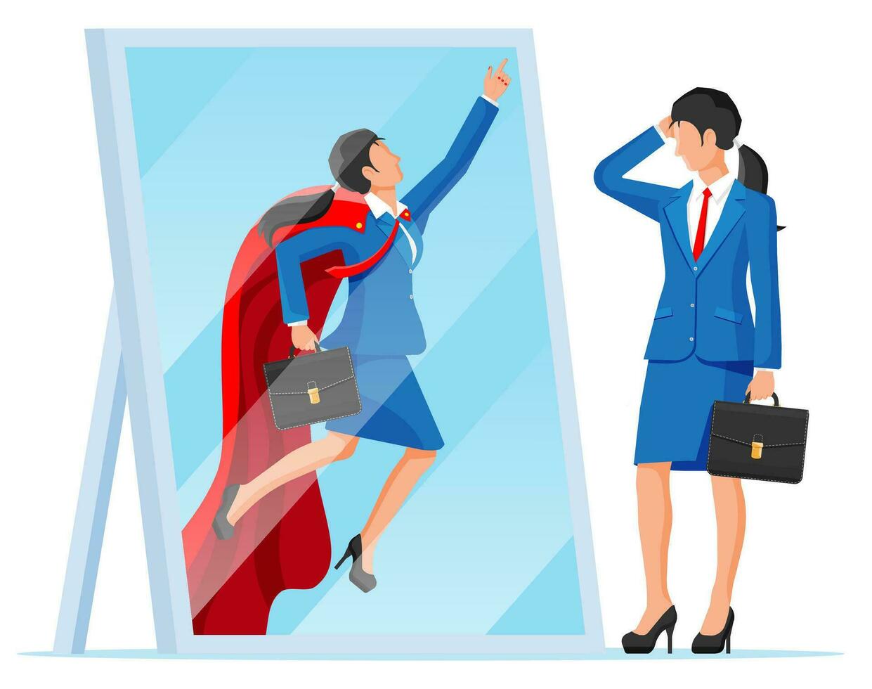 mujer de negocios frente a sí misma como superhéroe en espejo. negocio ambición y éxito concepto. símbolo de fuerza, liderazgo, coraje, valentía. logro y meta. plano vector ilustración