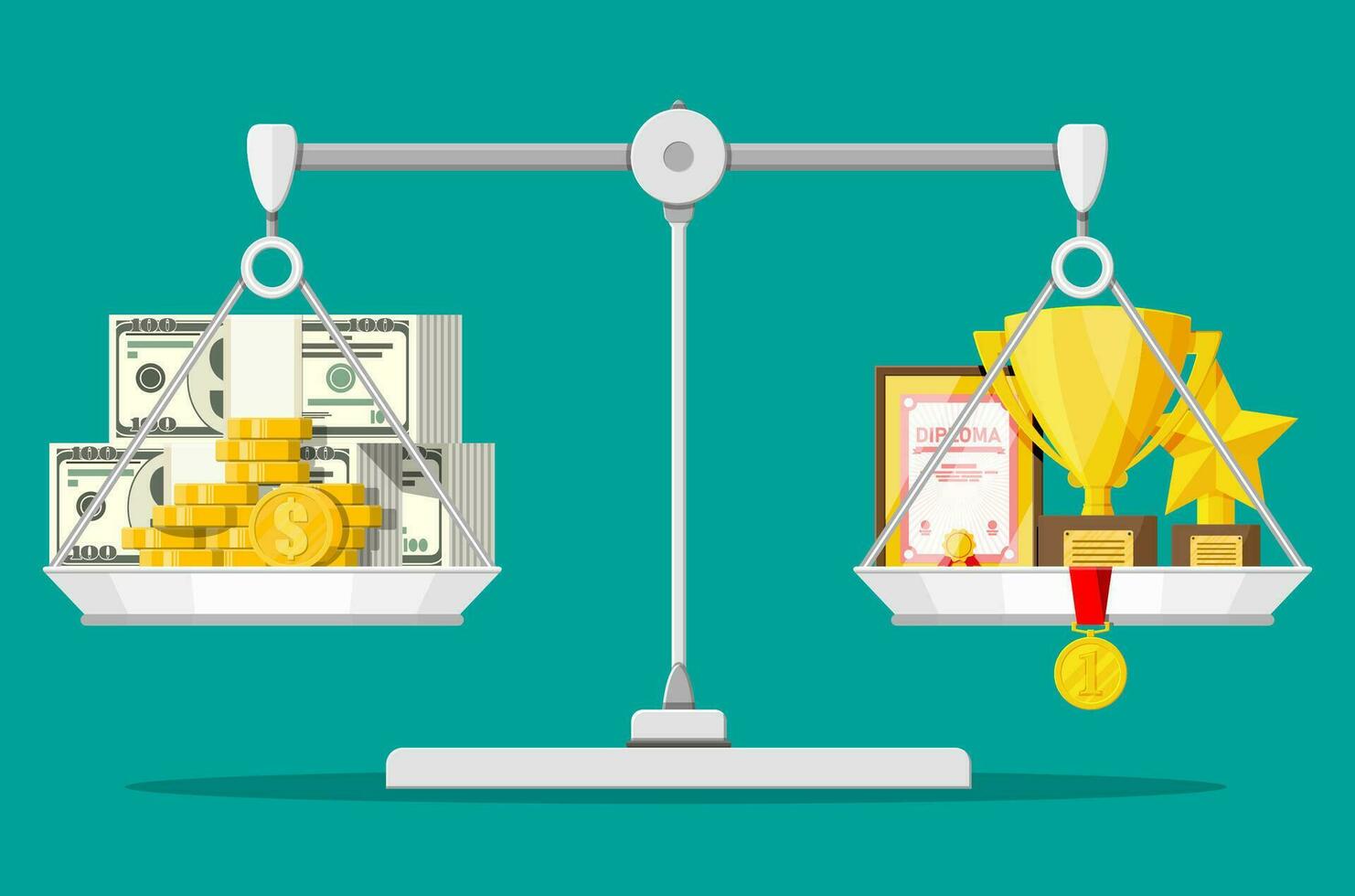 Scales with money and trophy. Dollar banknotes and coins. Golden cup with medal. Price of victory concept. Investment in business, education and sport. Flat vector illustration