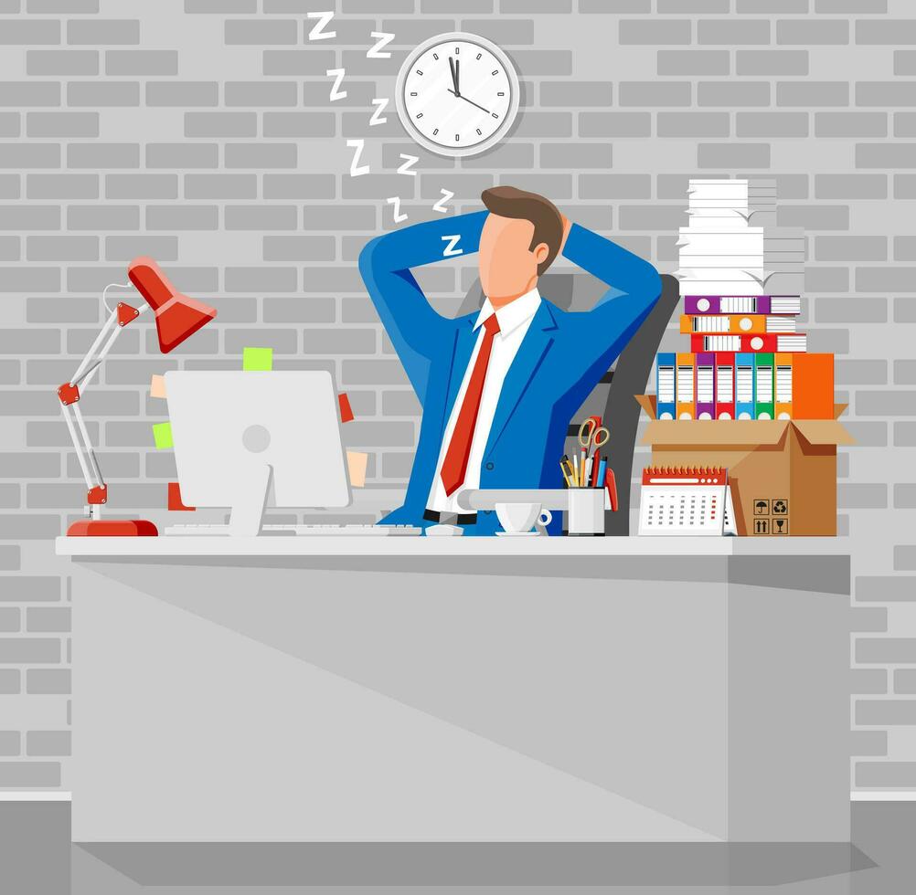 Business man character sleep in bunch of papers. Tired businessman or office worker sleeping on workplace. Stress at work. Bureaucracy, paperwork, deadline. Vector illustration in flat style