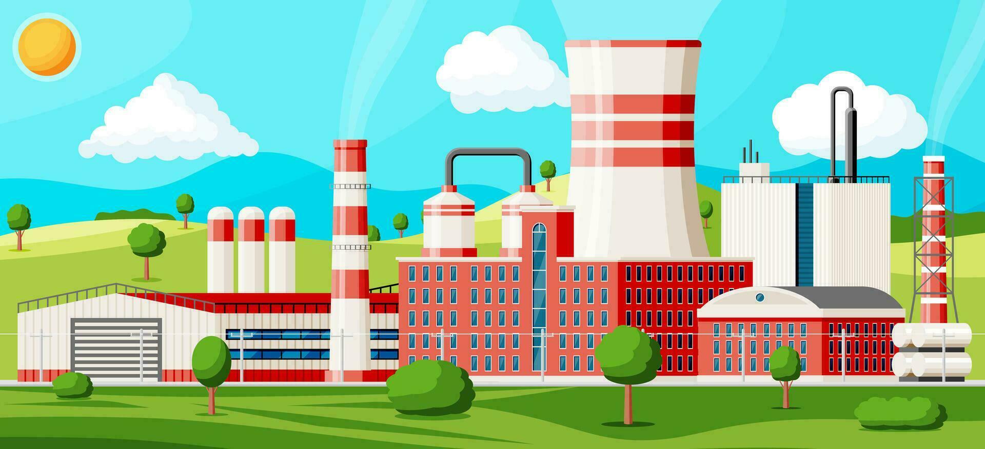 Factory Building With Nature Landscape. Industrial Factory, Power Plant. Pipes, Buildings, Warehouse, Storage Tank. Manufacture Or Processing Facility. Engineering House. Flat Vector Illustration