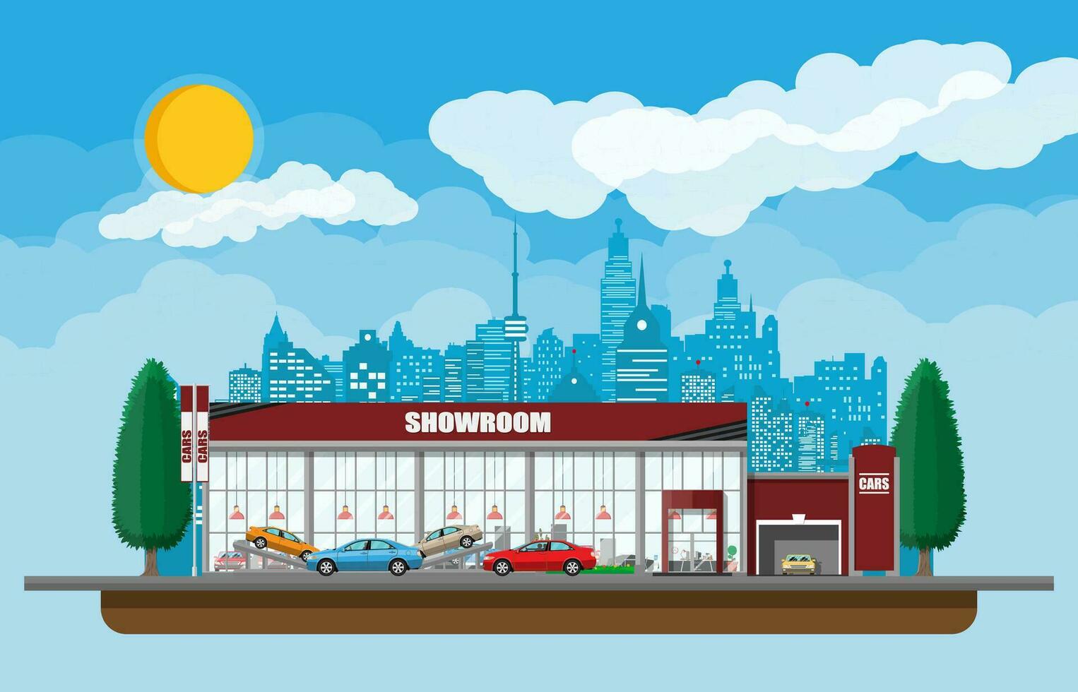 Exhibition pavilion, showroom or dealership. Car showroom building. Car center or store. Auto service and shop. Cityscape, road, house, tree, sky, cloud and sky. Vector illustration in flat style