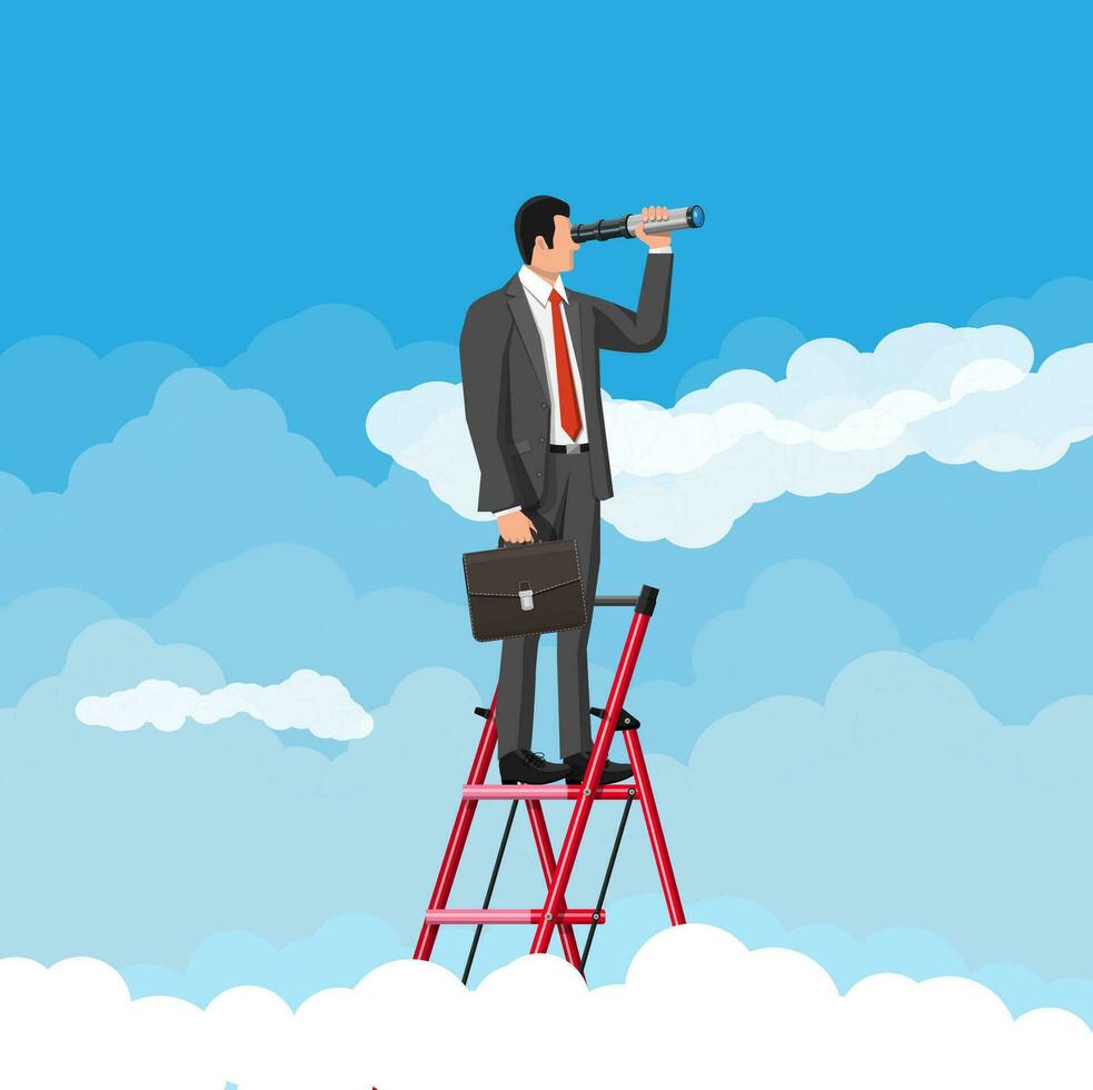 Businessman with briefcase on ladder looking for opportunities in spyglass. Business man look up to the target. Success, achievement, business vision career goal. Flat vector illustration