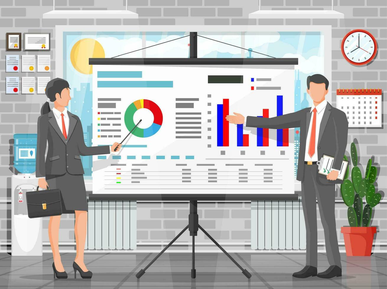 Businesswoman and businessman in suit giving presentation with projector screen. TV screen with financial report, lecturer. Training staff, meeting, report, business school. Flat vector illustration