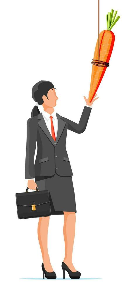 Carrot on a stick and businesswoman. Motivation, stimulus, incentive and reaching goal concept metaphor. Fishing wooden stick with hanging carrot vector