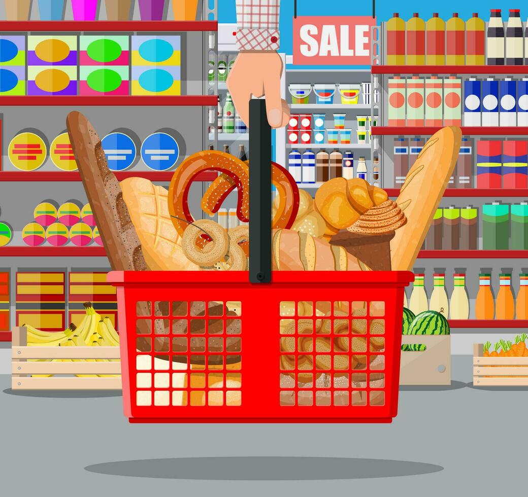 Bread products in shopping basket in hand. Supermarket interior. Whole grain, wheat and rye bread, toast, pretzel, ciabatta, croissant, bagel, french baguette, cinnamon bun. Flat vector illustration