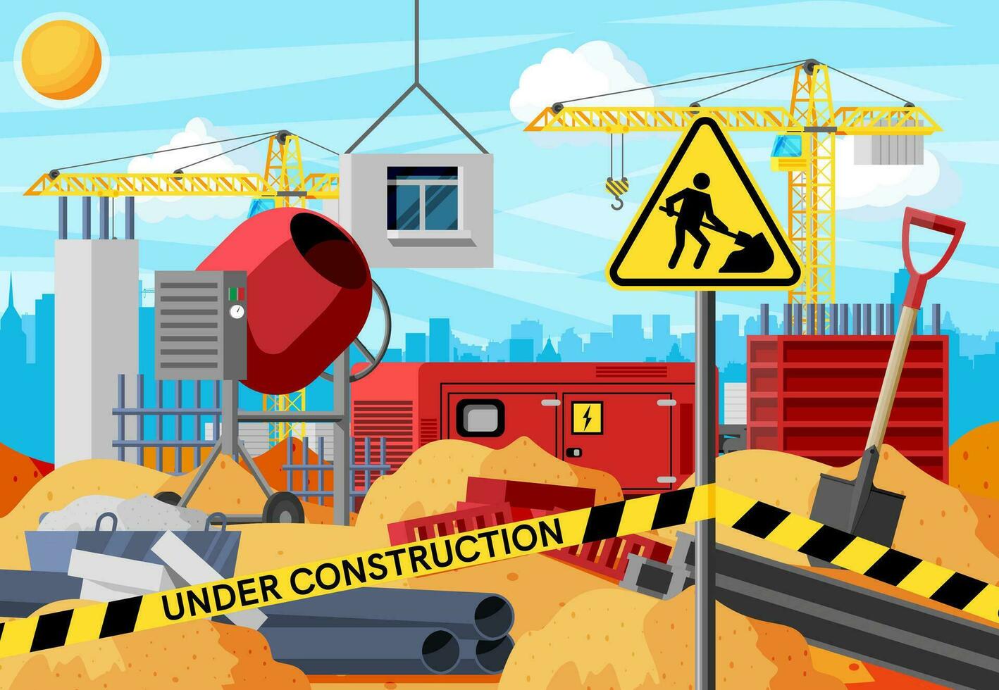 Construction Site Banner. Concrete Mixer, Shovel, Tower Crane and