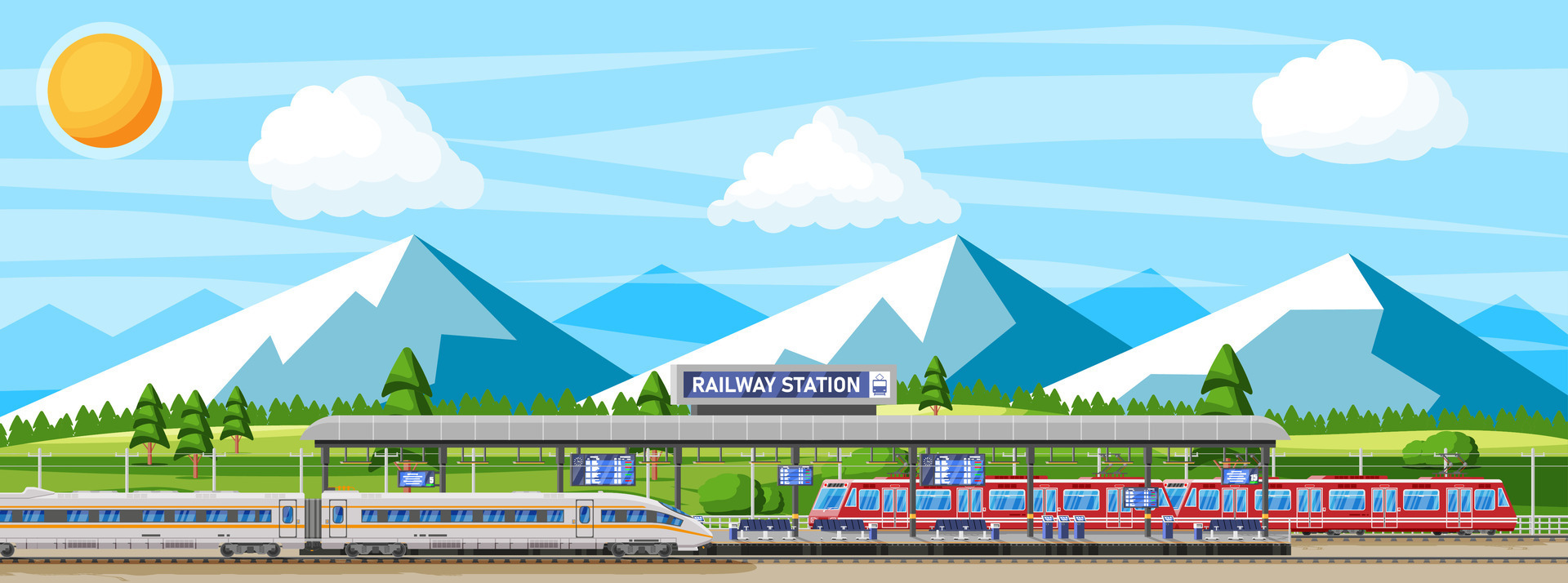 Modern Railway Station with High Speed Train and Platform with Schedule