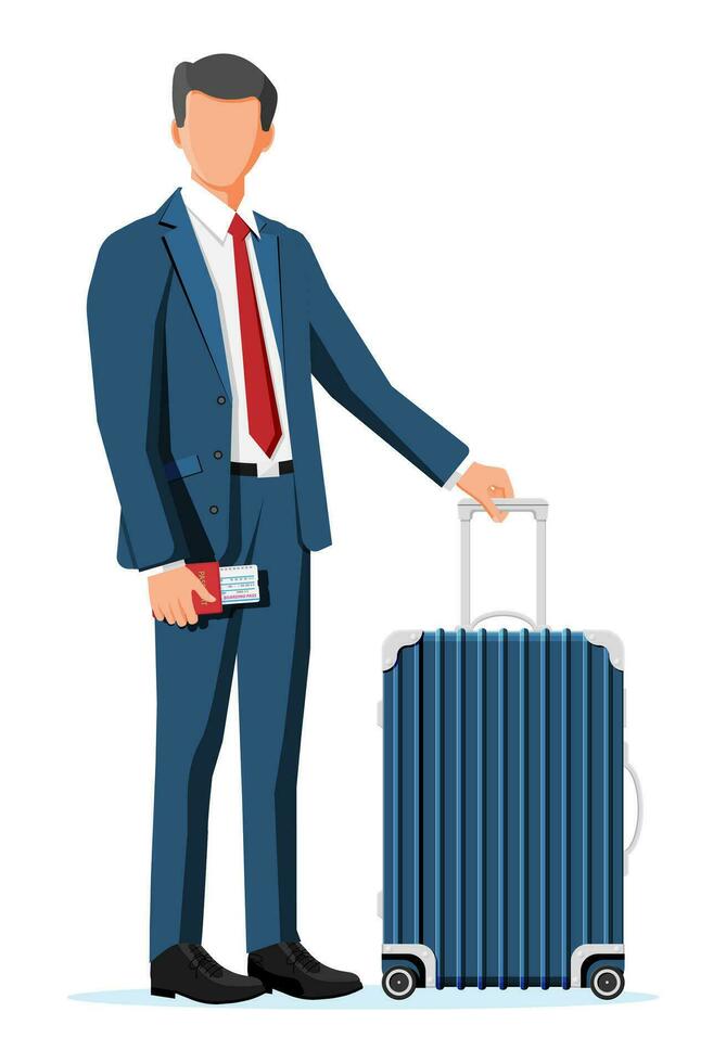 hombre con viaje bolsa. turista con maleta, pasaporte, boleto, embarque pasar en aeropuerto. empresario con equipaje aislado. negocio hombre con equipaje. negocio vuelo concepto. plano vector ilustración