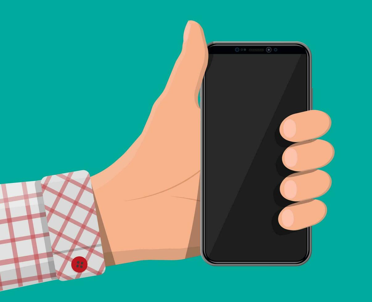 New generation smartphone with frameless edge display in hand. Empty black screen. Phone electronic device with touchscreen. Vector illustration in flat style