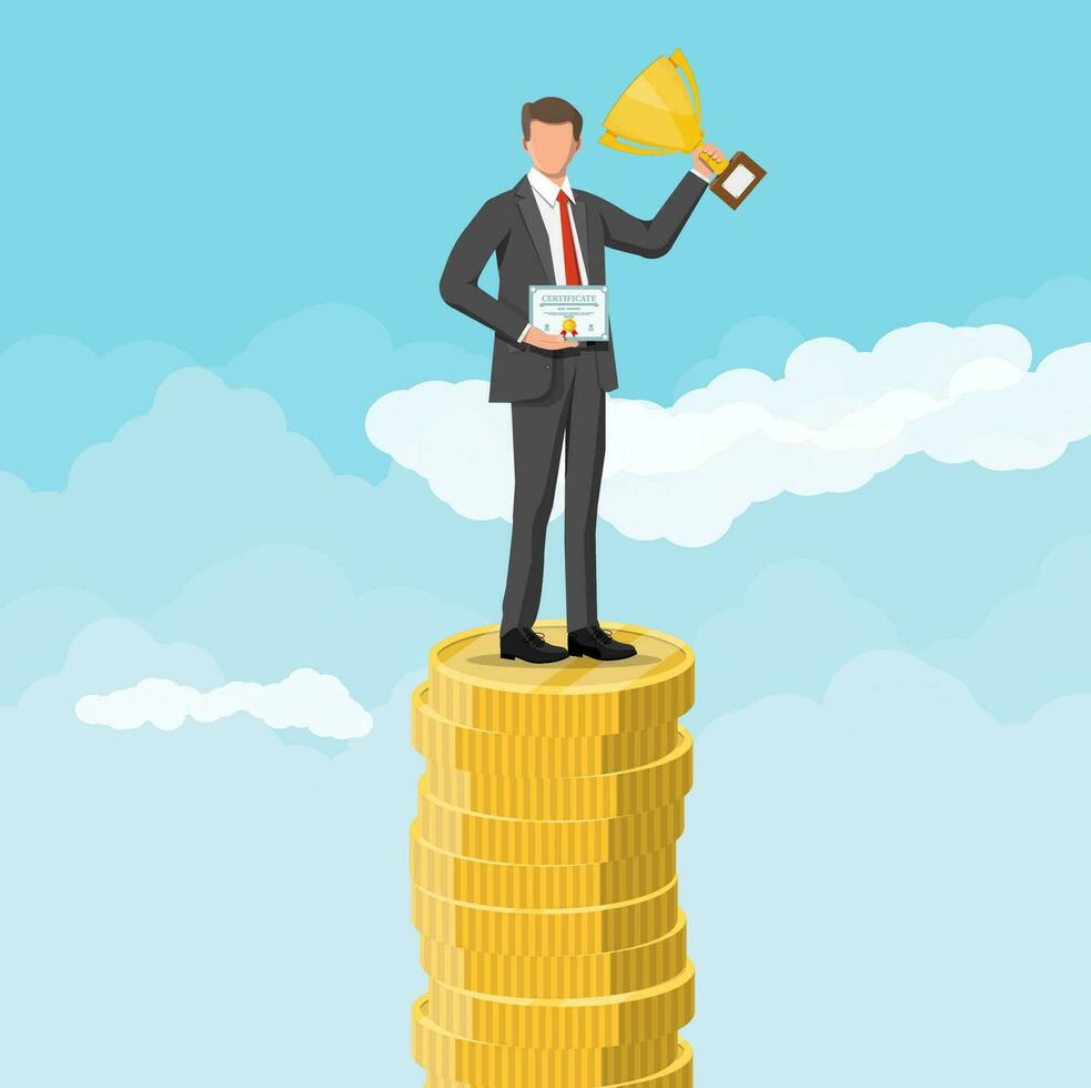 Businessman holding trophy, showing award certificate celebrates his victory. Stacks of golden coins in sky. Business success triumph goal achievement. Winning of competition. Flat vector illustration