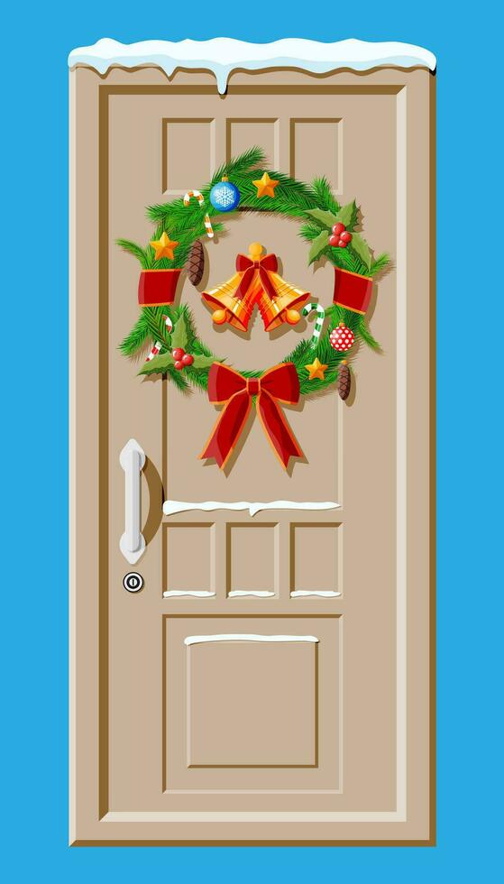 Christmas door decoration isolated. Entrance to suburban house decorated with wreath, bells, garland lights. Holiday greetings. New year and xmas celebration. Flat vector illustration