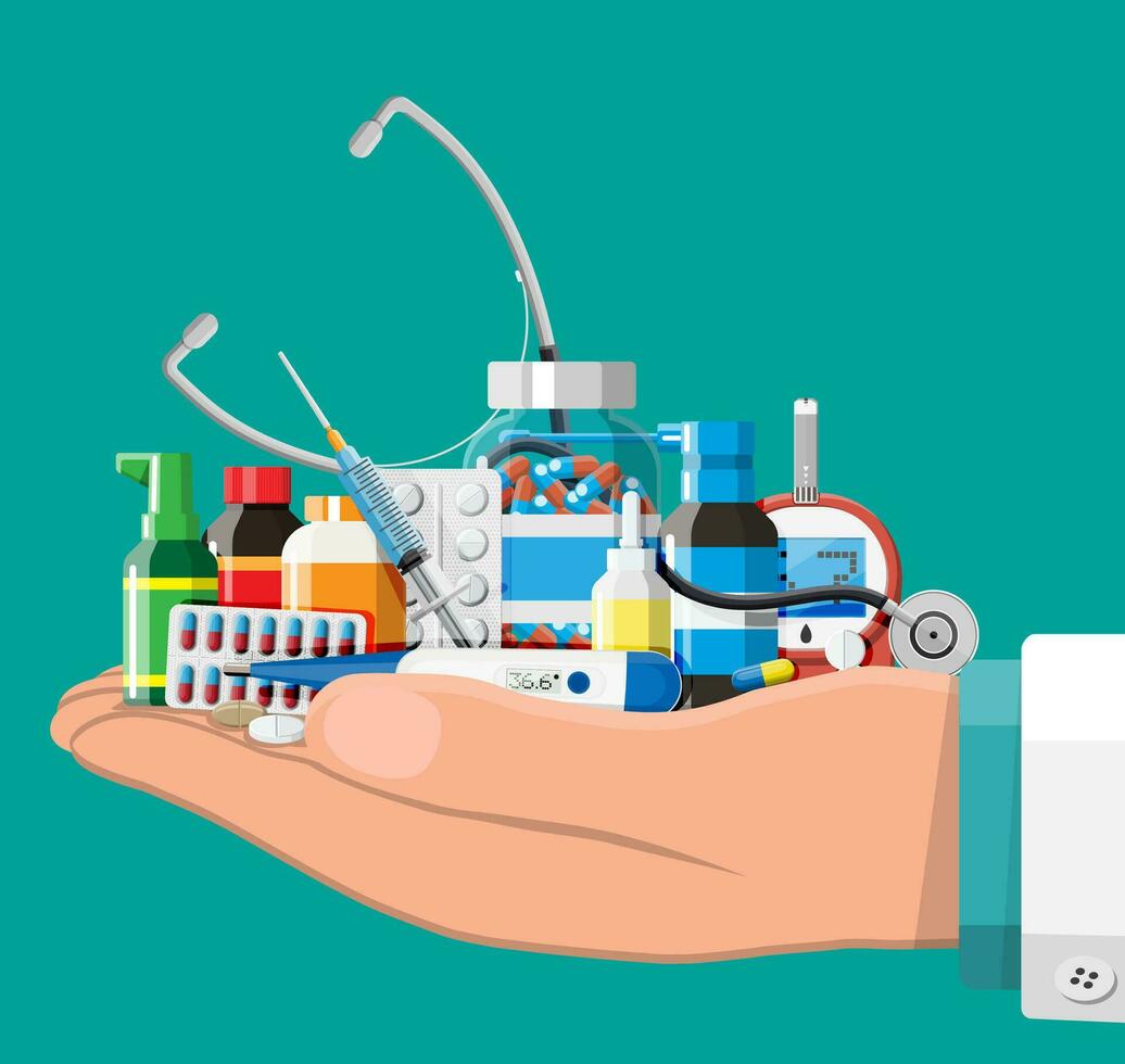 Medicine collection. Set of bottles, tablets, pills, capsules and sprays for illness and pain treatment. Medical drug, vitamin, antibiotic. Healthcare and pharmacy. Vector illustration in flat style