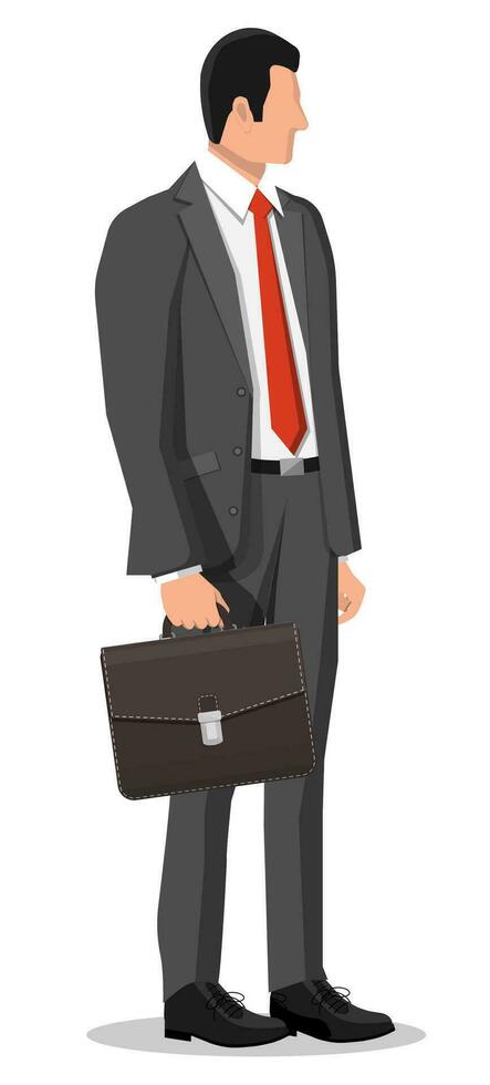 Businessman in black suit. Male character. Business man with leather case. Office employee or worker, manager, salesman, bank clerk. Vector illustration in flat style