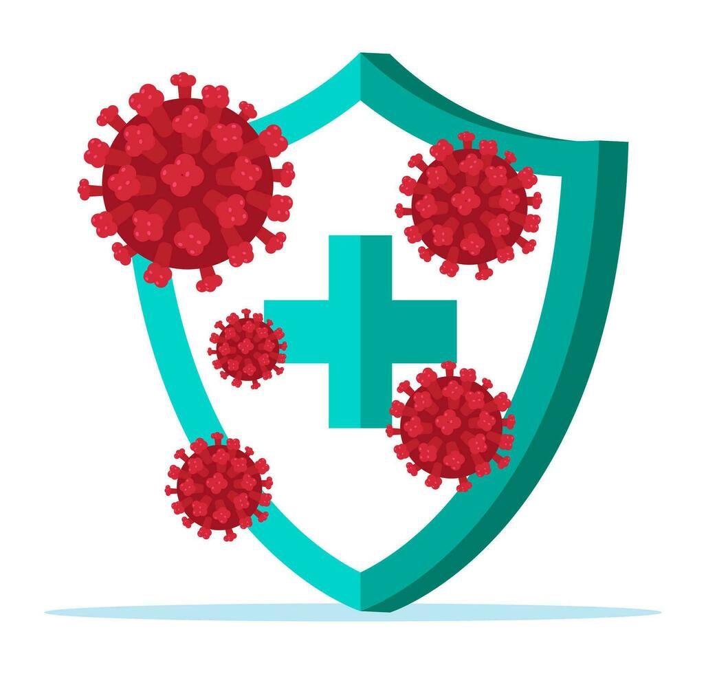 Security shield for virus protection. Stop coronavirus. Virus 2019 nCoV, pathogenic microorganism. Bacteria cell, covid 19 influenza disease and protective shield. Flat vector illustration.