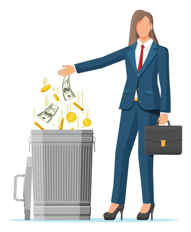 Businesswoman putting golden coins and dollar bills in trash. Garbage waste investment. Losing or wasting money, overspending, bankruptcy or crisis. Vector illustration in flat style
