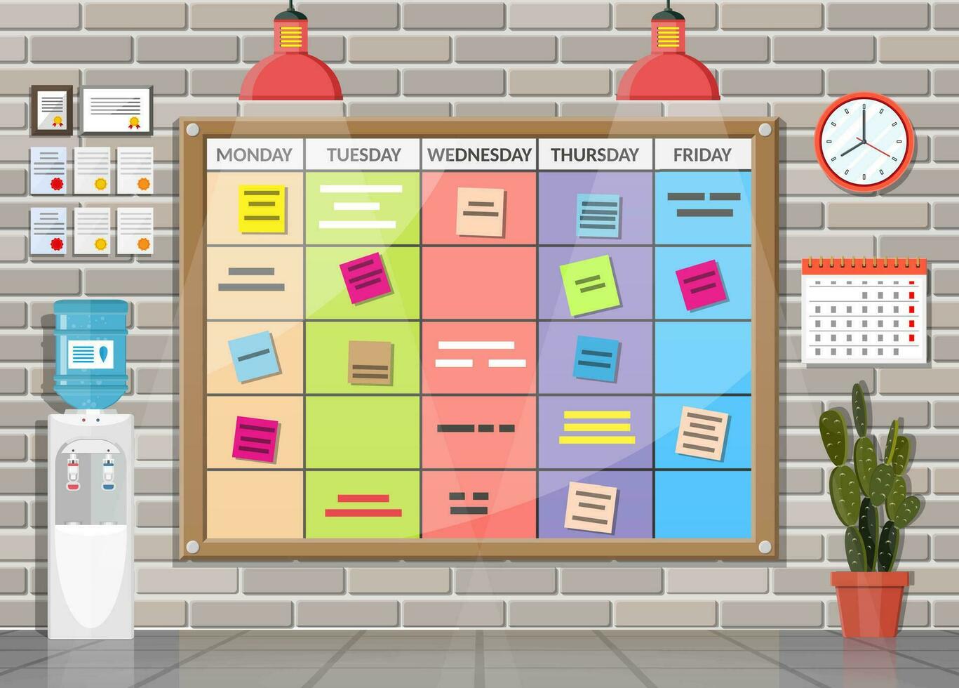 Scrum agile board in office interior. Bulletin board hanging on wall full of tasks on sticky note cards. List of event for employee. Development, team work, agenda to do list. Flat vector illustration
