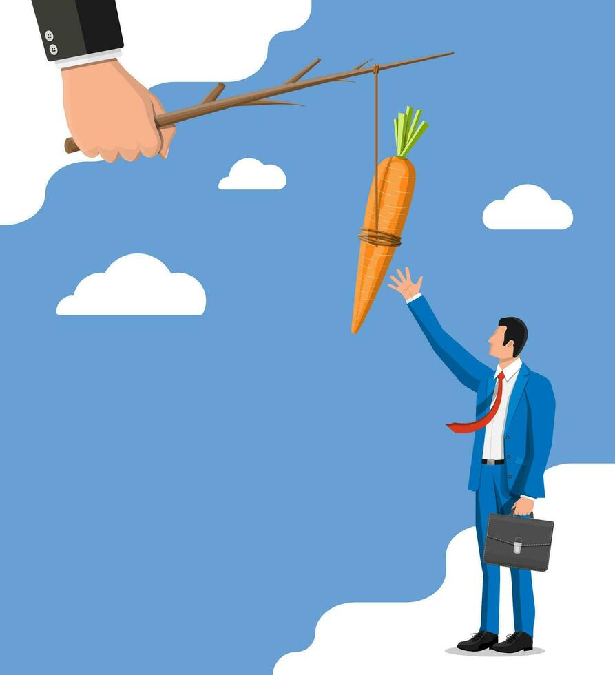 Carrot on a stick in hand and businessman. Motivation, stimulus, incentive and reaching goal concept metaphor. Fishing wooden stick with hanging carrot vector
