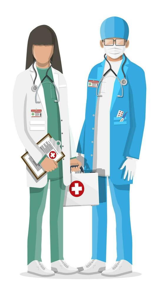 Two doctors in coat with stethoscope and case. Medical suit with different pills and medical devices in pockets. Healthcare staff, hospital and medical diagnostics. Vector illustration in flat style