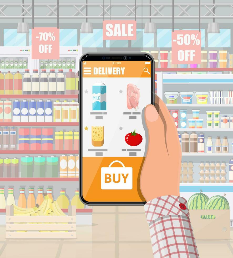 Hand holding smartphone with shopping app. Grocery store delivery. Internet order. Online supermaket. Shop interior with food and drinks. Milk, vegetables, meat, cheese. Flat vector illustration