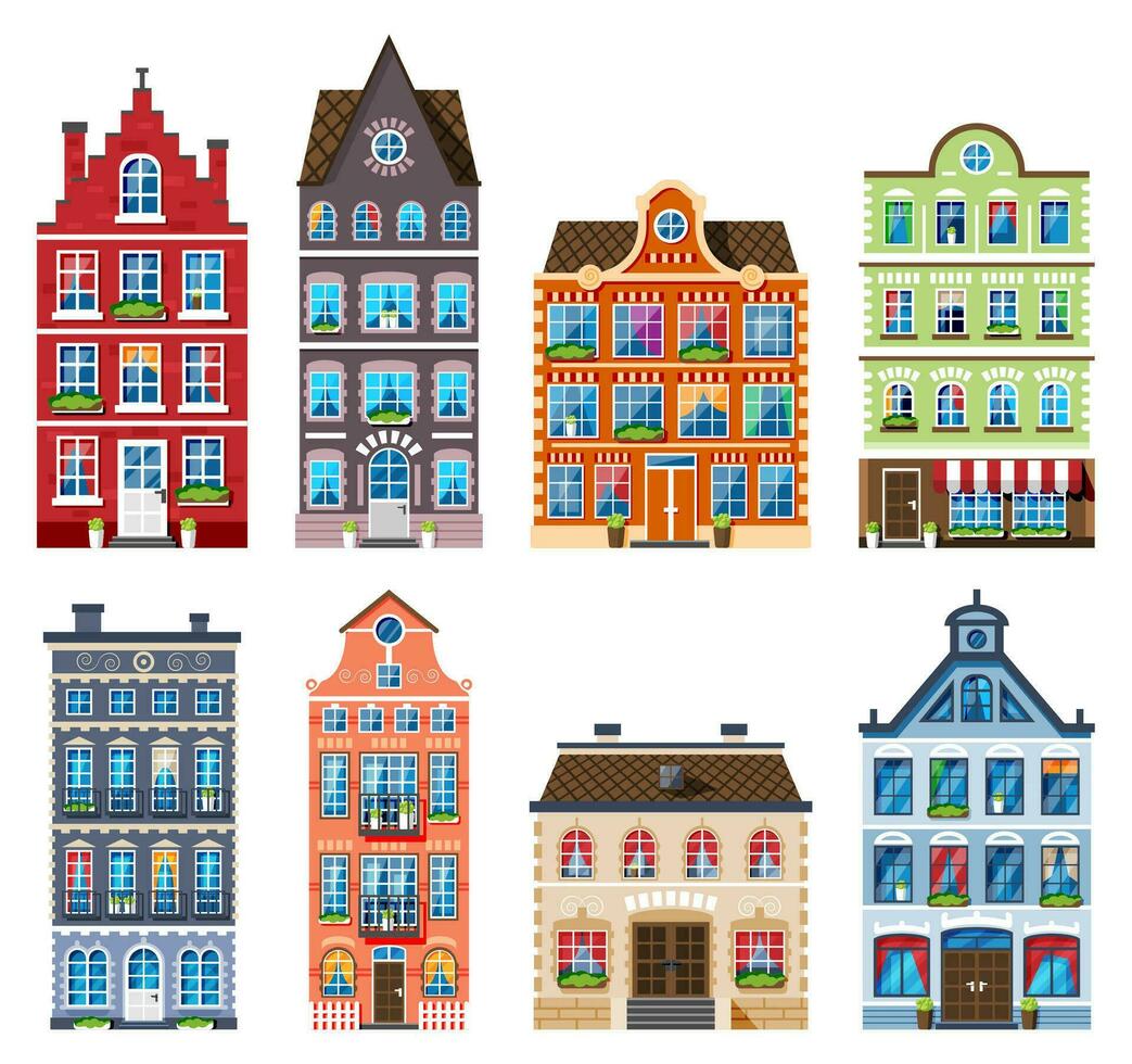 Residential House Icon Collection in Dutch Style. Amsterdam Old Building Set Isolated. Historic Facade with Windows, Door, Flowers and Curtains. Architecture of Old Europe. Flat Vector Illustration