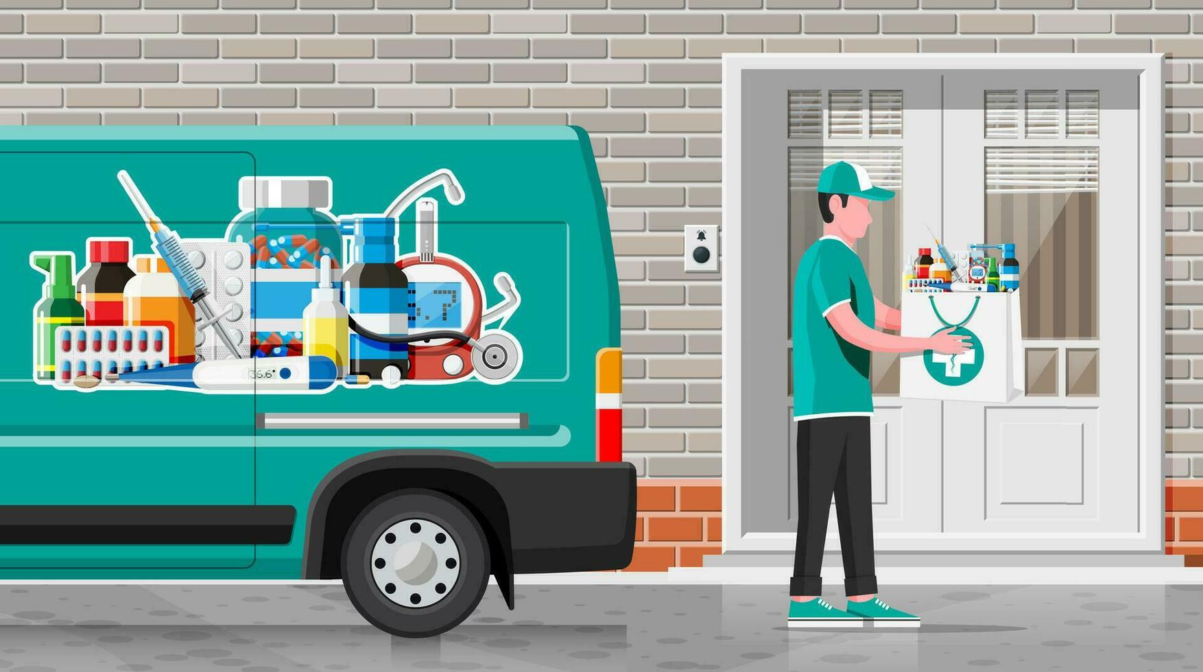 Van for delivery pharmaceutical drugs. Courier with bag. Green drugstore truck. Internet pharmacy online order. Medical assistance, help, support online. Health care. Vector illustration in flat style