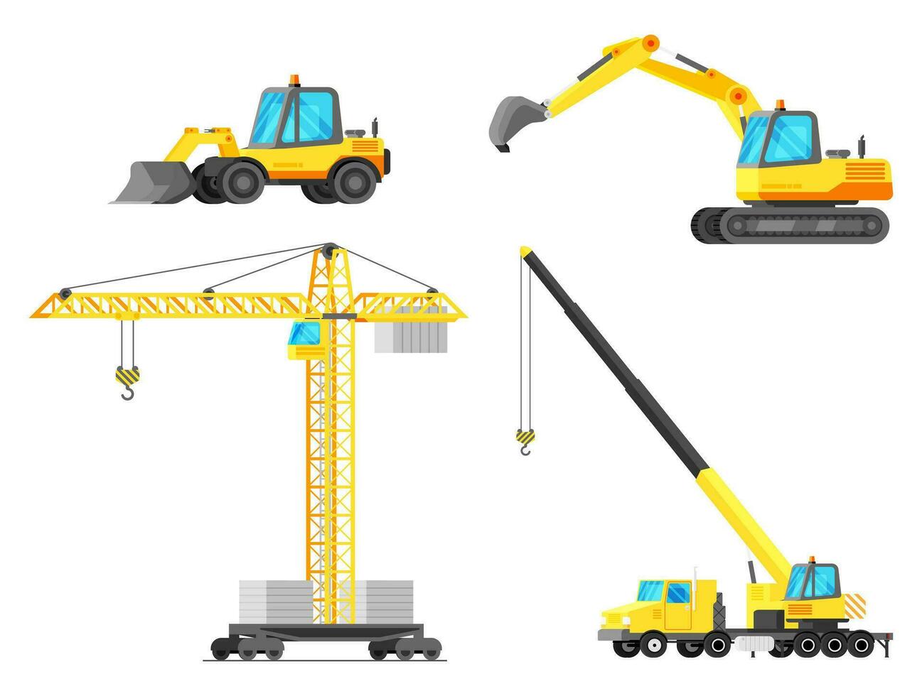 Building Machines Icon Set. Construction Equipment Collection Isolated on White. Tower Crane, Crane Truck, Excavator, Bulldozer. House Building Machine. Industrial Equipment. Flat Vector Illustration