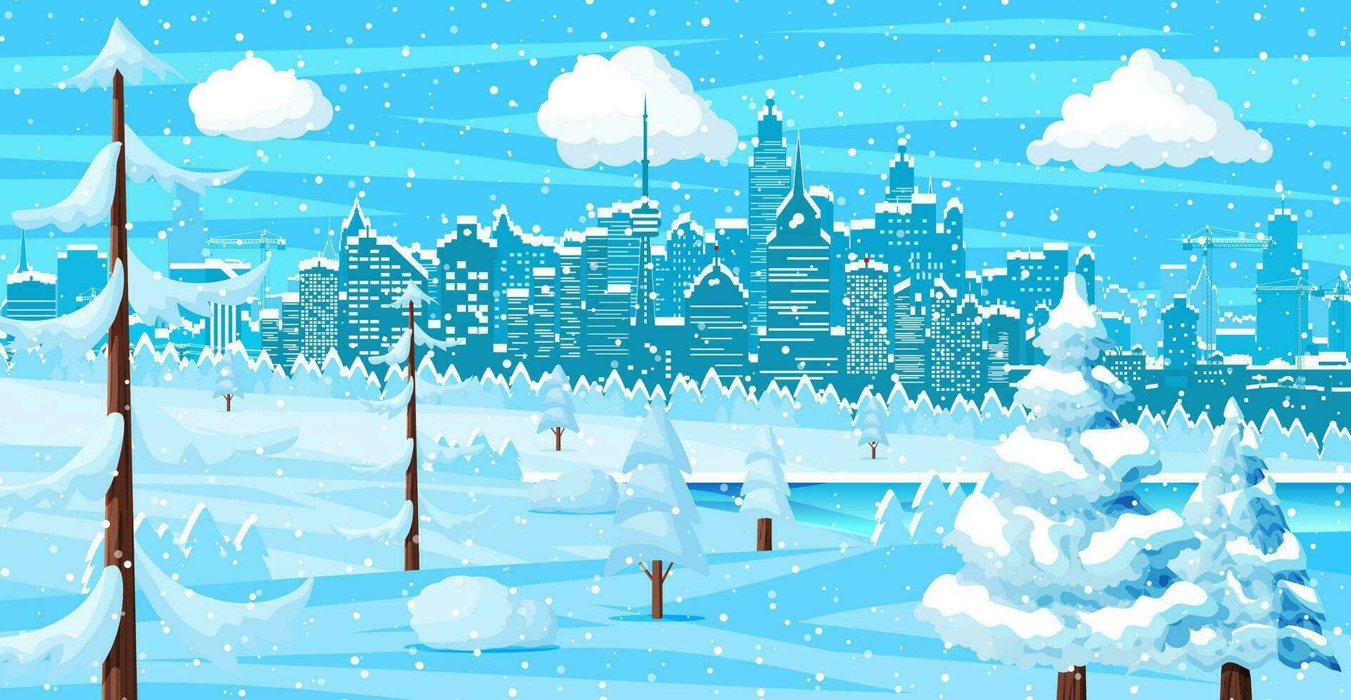 Christmas winter cityscape, snowflakes and trees. City park snow alley and buildings. Happy new year decoration. Merry christmas holiday. New year and xmas celebration. Vector illustration flat style