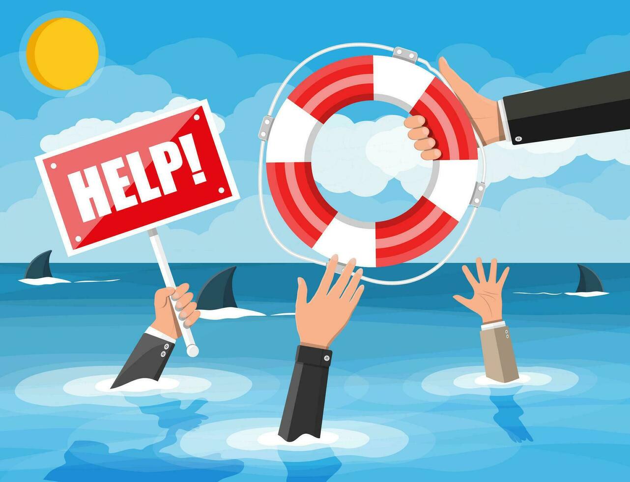 Drowning businessman in sea with sharks getting lifebuoy from another man. Helping business to survive. Help, support, survival, investment, obstacle crisis. Risk management. Flat vector illustration