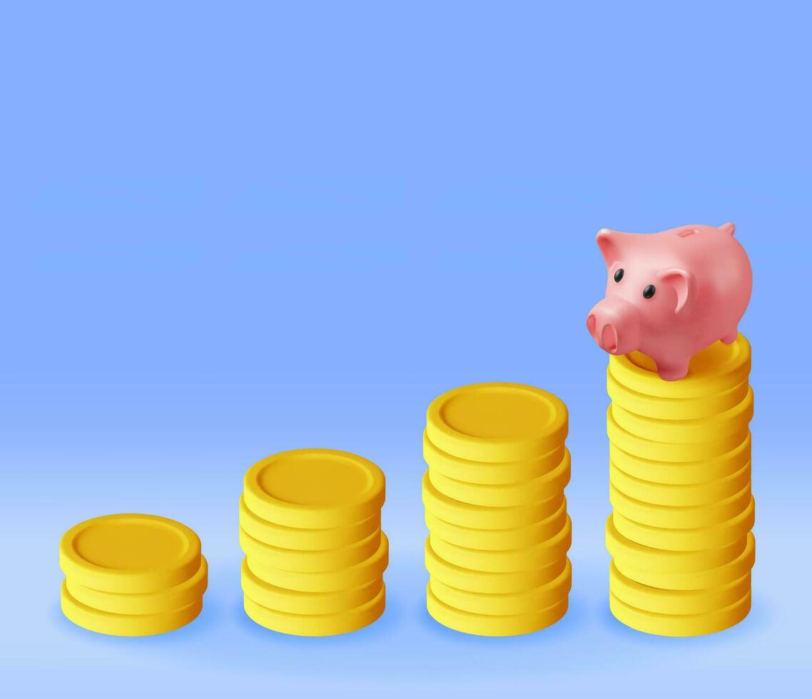 3D Piggy Bank and Growing Stacks of Coins. Render Plastic Piggy Bank for Money. Moneybox in Form of Pig. Concept of Cash Money, Business Deposit Investment, Financial Savings. Vector Illustration