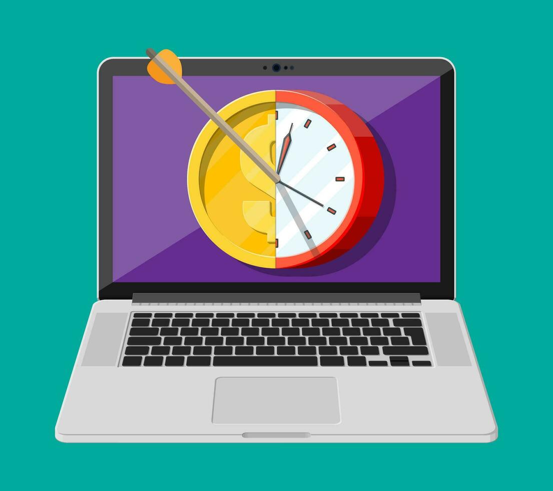 Target with arrow, gold coin and clocks on laptop screen. Goal setting. Smart goal. Business target concept. Achievement and success. Vector illustration in flat style