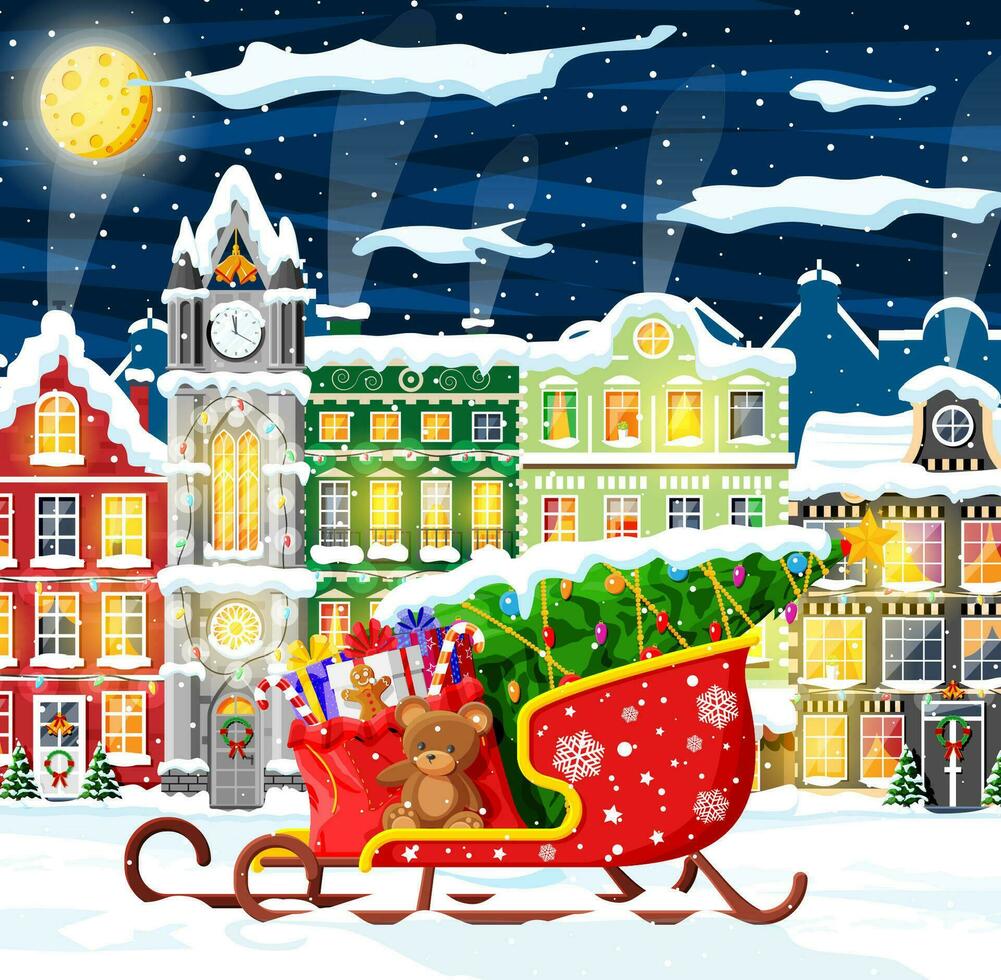 Navidad tarjeta con urbano paisaje y nevada. paisaje urbano con vistoso casas con nieve en noche. invierno aldea, acogedor pueblo ciudad panorama. nuevo año Navidad Navidad bandera. plano vector ilustración