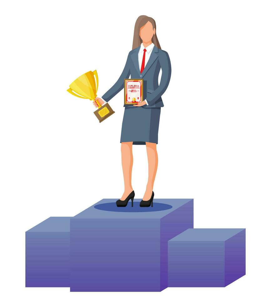 Successful businessman holding trophy and showing award certificate, celebrates his victory. Business success, triumph, goal or achievement. Winning of competition. Vector illustration flat style