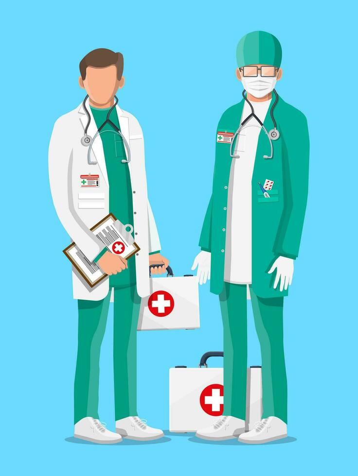 Two doctors in coat with stethoscope and case. Medical suit with different pills and medical devices in pockets. Healthcare staff, hospital and medical diagnostics. Vector illustration in flat style
