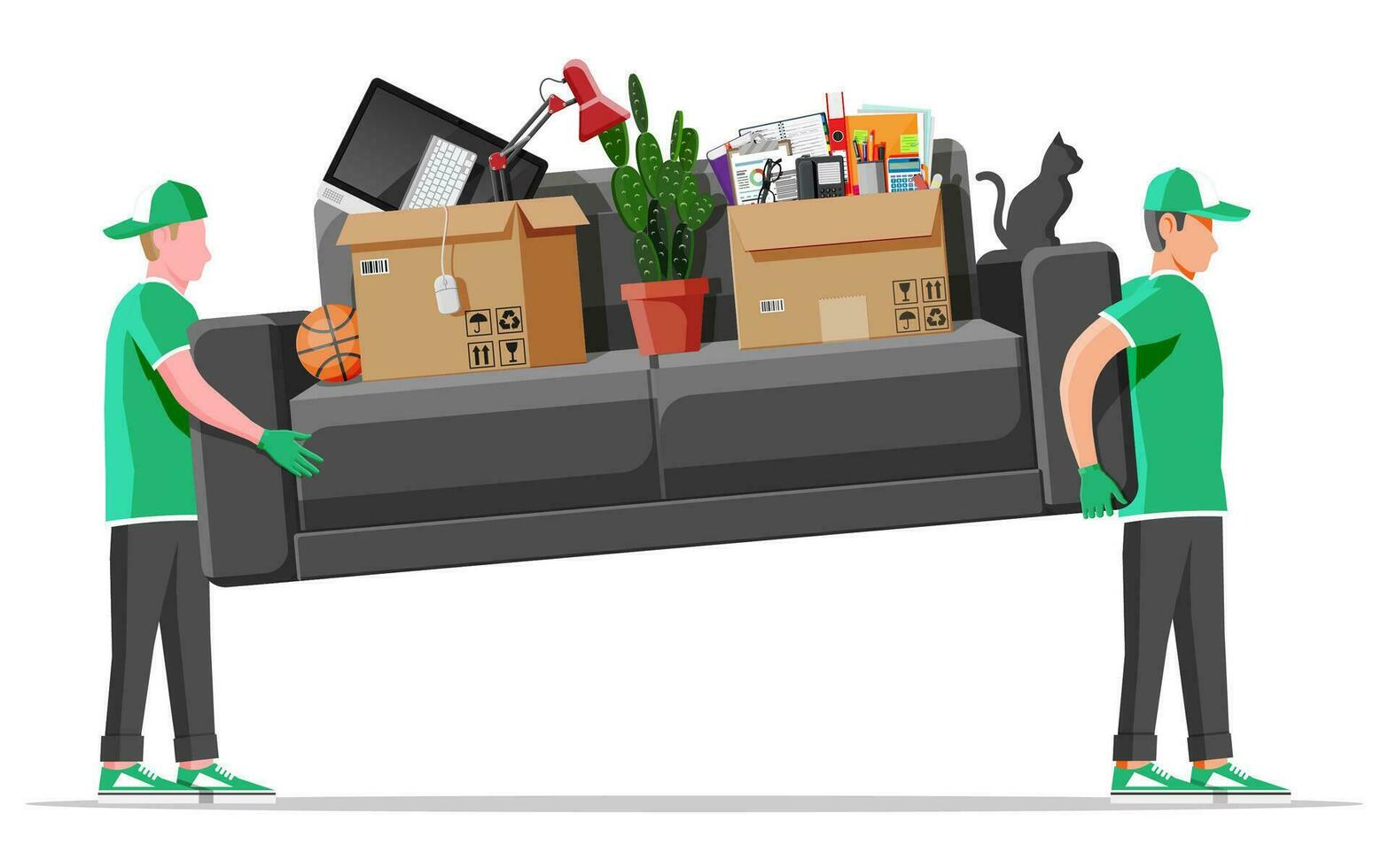 Delivery character man movers carry sofa with household items. Porters carry couch isolated. Moving company with loaders and furniture. Delivery relocation service. Flat vector illustration