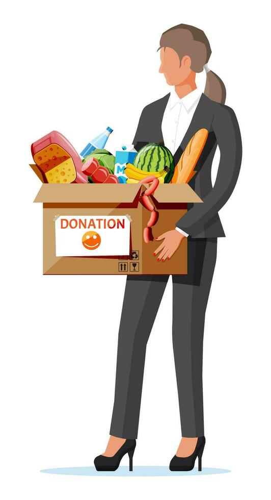 mujer participación cartulina caja lleno de alimento. necesario artículos para donación. agua, pan, carne, leche, frutas y vegetales productos comida conducir banco, caridad, acción de gracias concepto. plano vector ilustración