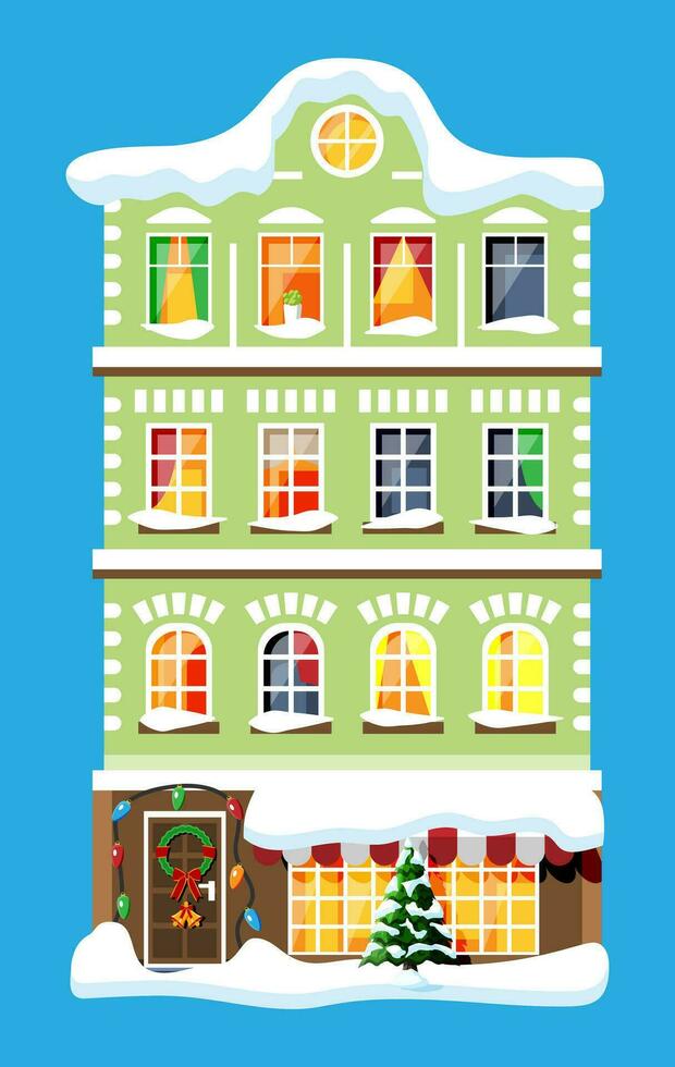 City House Covered Snow. Building in Holiday Ornament. Christmas Tree Spruce, Wreath. Happy New Year Decoration. Merry Christmas Holiday. New Year and Xmas Celebration. Flat Vector Illustration