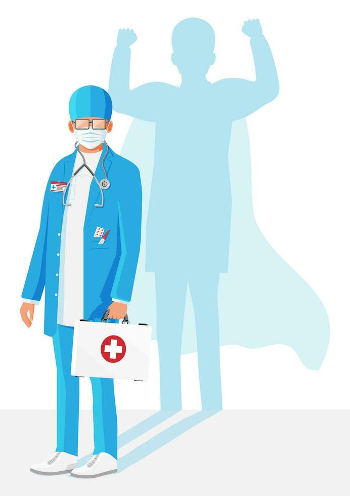 Professional doctor superhero. Doctor wearing mask with shadow of hero with fluttering cloak. Man in coat with medical container. Pandemic heroes concept. Cartoon flat vector illustration