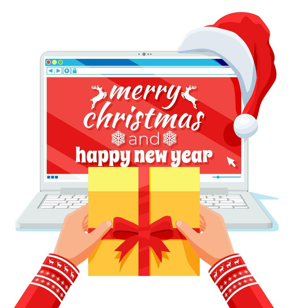 Hands with gift box and laptop is in Santa Claus hat isolated. Christmas presents and gifts. Happy new year decoration. Merry christmas holiday. New year and xmas celebration. Flat vector illustration